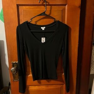 Garage Black Long Sleeve ribbed V-Neck Top